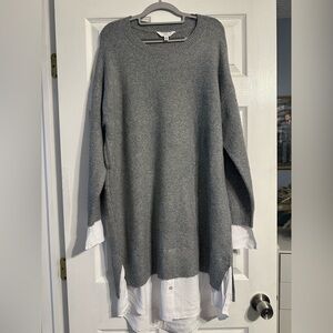 Gray Oversized Sweater with White Shirt Hem